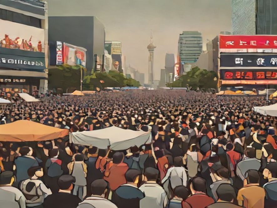 A cinematic, photorealistic 8k wideangle shot capturing a massive, polarized crowd gathered in a somber Seoul city square one year after a political impeachment, highlighting the tense atmosphere and ideological divide with blurred protest banners under a dramatic, moody overcast sky.