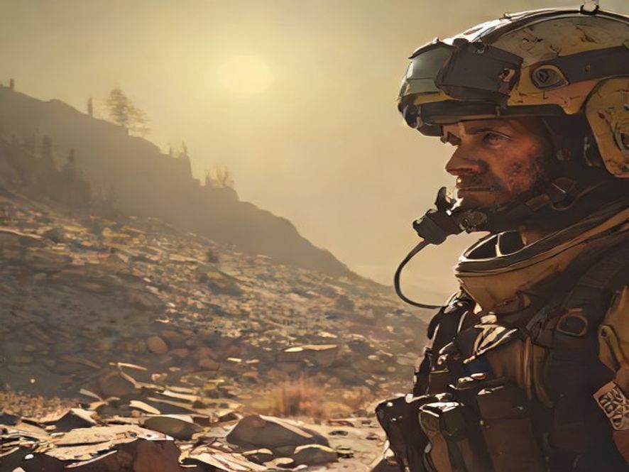 A cinematic, photorealistic 8k image of a lone, battleworn pilot hiding in the dense, hostile shadows of a desolate wilderness, capturing a tense atmosphere of survival and intense psychological focus, with soft natural light highlighting a weathered face against a vast, dangerous landscape.