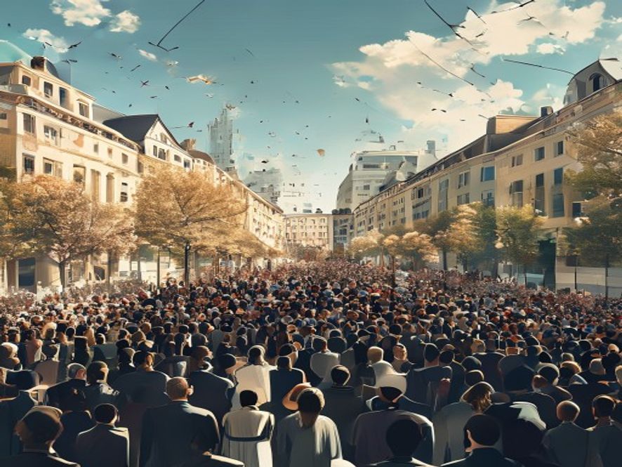 A massive crowd of diverse citizens gathered in a historic city square during a bright spring day, capturing a powerful and hopeful atmosphere of social reform and structural change, cinematic, photorealistic, 8k resolution, sweeping wideangle shot, highly detailed.