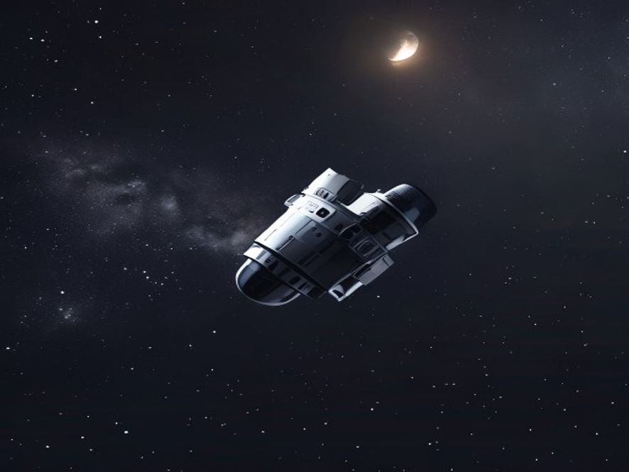 A cinematic, photorealistic 8k image showing a sleek, South Koreandesigned space radiation detector floating in the vast, dark void of deep space with the moon visible in the distance, bathed in ethereal starlight and emphasizing a sense of mysterious silence and technological challenge.