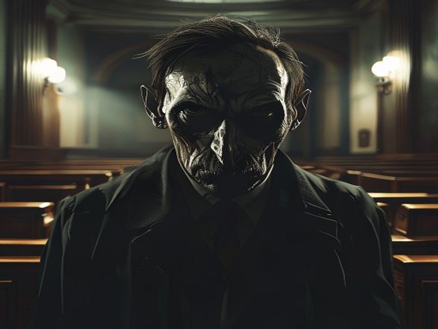 A cinematic, photorealistic 8k portrait of a haggard and gaunt criminal standing inside a dimly lit, somber courtroom, capturing his hollow eyes and defeated posture that symbolize the destructive aftermath of drug addiction and the finality of justice.