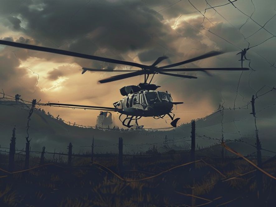 A cinematic, photorealistic 8k shot of a military helicopter hovering over the misty, rugged landscape of the DMZ at sunset, capturing a tense and somber atmosphere with barbed wire fences in the foreground and dark, dramatic storm clouds overhead.