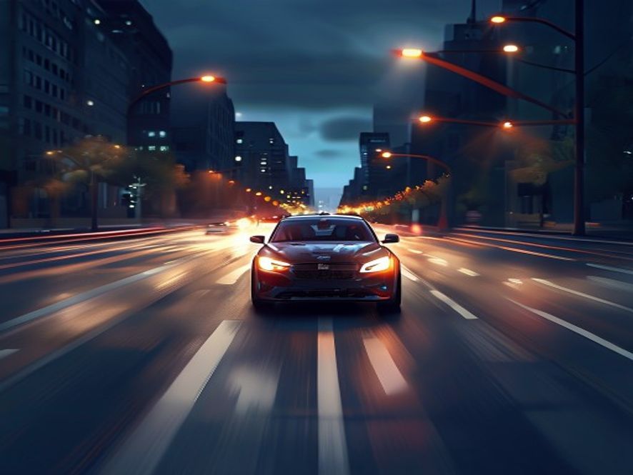 A cinematic, photorealistic 8k image capturing a tense and moody urban intersection at twilight, featuring blurred car headlights and street lights to emphasize the danger of blind spots and the critical need for cautious driving, with a highcontrast and dramatic atmosphere.