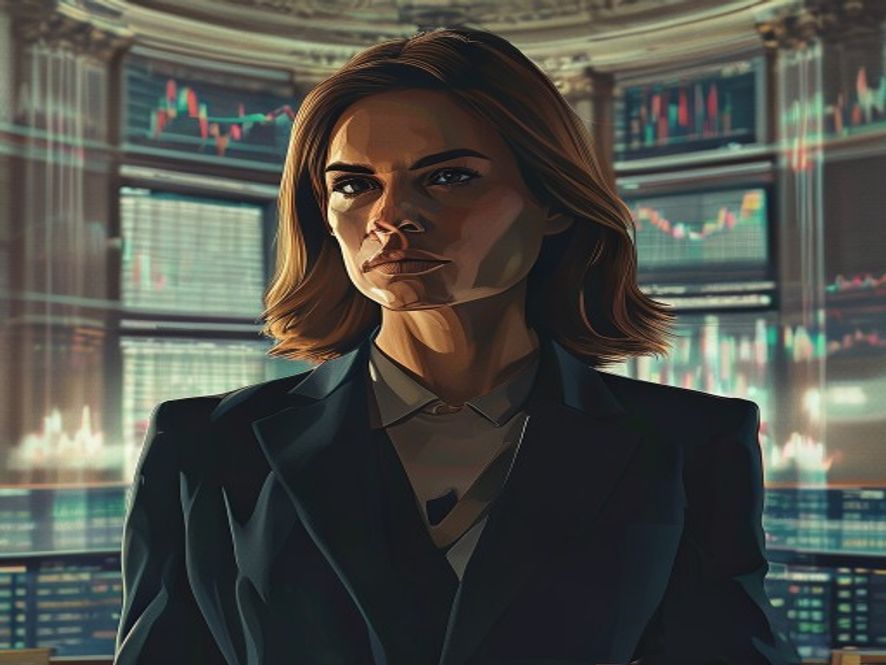 A cinematic, photorealistic 8k image featuring a determined female politician standing in a grand, somber government building with blurred charts and financial data graphs in the background, symbolizing intense political debate over national budget accountability and fiscal responsibility.
