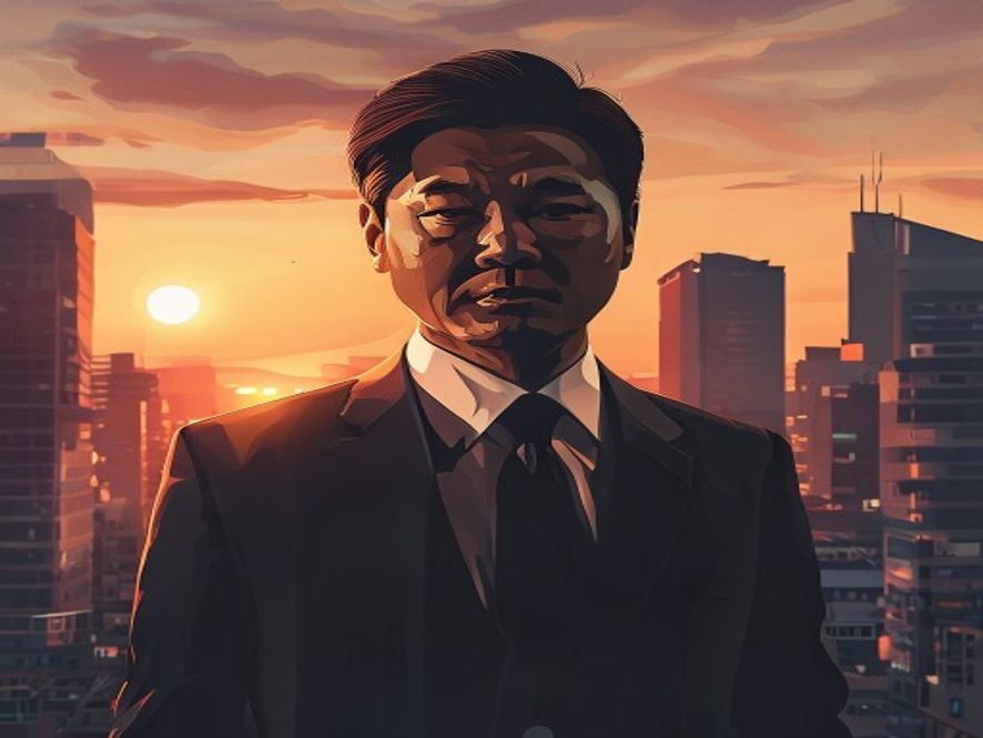A cinematic, photorealistic 8k portrait of politician Lee Junghyun standing confidently against the backdrop of an urban Gwangju cityscape at sunset, symbolizing a bold political challenge and the breaking of regional barriers, dramatic lighting, high contrast, professional photography style.