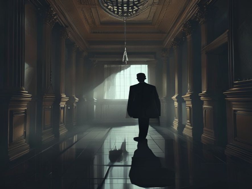 A cinematic, photorealistic 8k image of a lone, shadowed silhouette of a prosecutor standing in a cold, dimly lit corridor of a grand courthouse, looking toward a fractured scale of justice, capturing an atmosphere of heavy political tension, professional downfall, and crumbling institutional integrity.