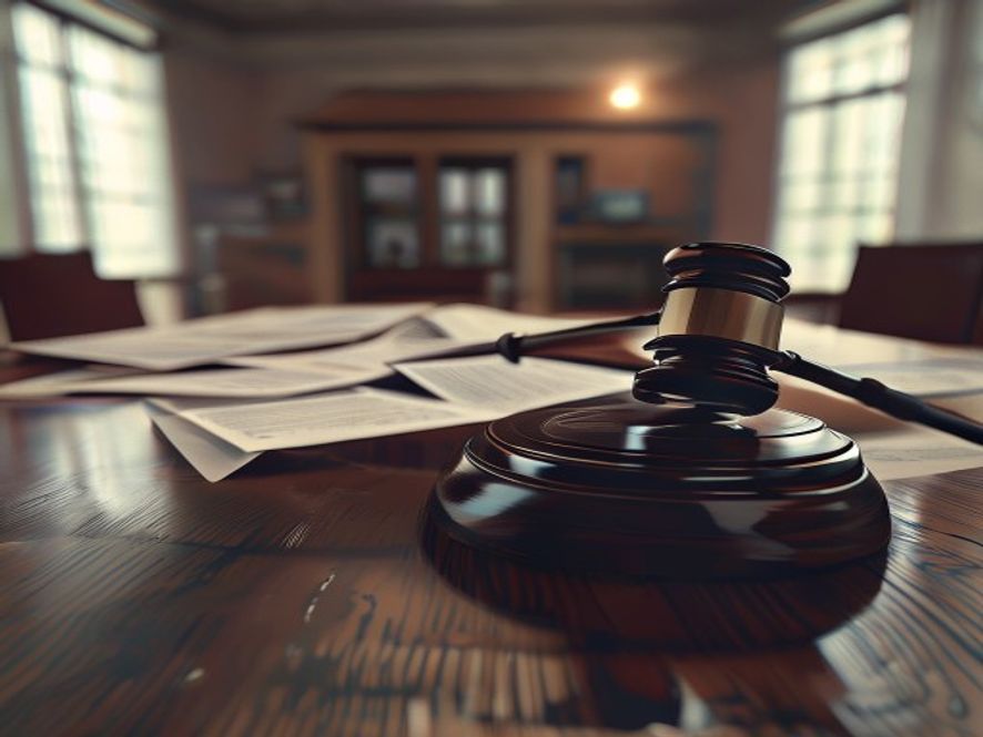 A cinematic and photorealistic 8k image of a serious political environment, featuring a symbolic gavel placed on a polished wooden table next to scattered election campaign papers, with a blurred silhouette of a campaign office in the background, capturing a tense and disciplined atmosphere of strict ethical vetting.