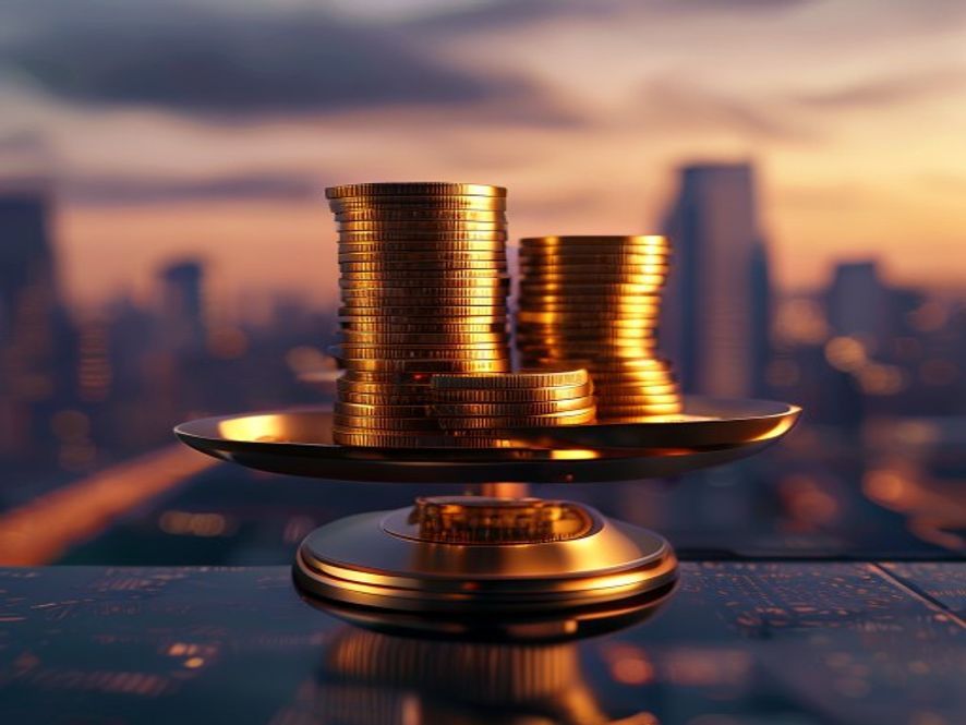 A dramatic cinematic shot of a stack of golden currency coins balancing on a delicate scale against a backdrop of a blurred, modern cityscape at twilight, symbolizing the tension between economic stimulus and fiscal caution, photorealistic, 8k resolution.