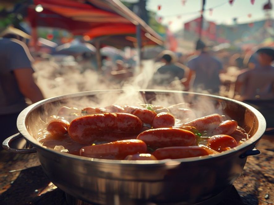 A cinematic, photorealistic 8k closeup shot capturing a bustling, crowded outdoor festival food stall where a plasticpackaged sausage is being improperly submerged in a steaming pot of soup, highlighting the stark contrast between the festive atmosphere and the concerning, unsanitary food preparation practices.