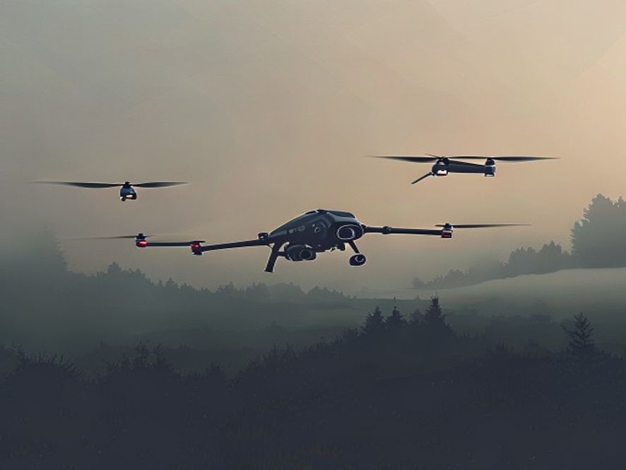 A cinematic, photorealistic 8k image of a hightech surveillance drone flying silently over a misty, tensionfilled border landscape at dawn, symbolizing the fragile balance between technological advancement and national security, dramatic lighting.
