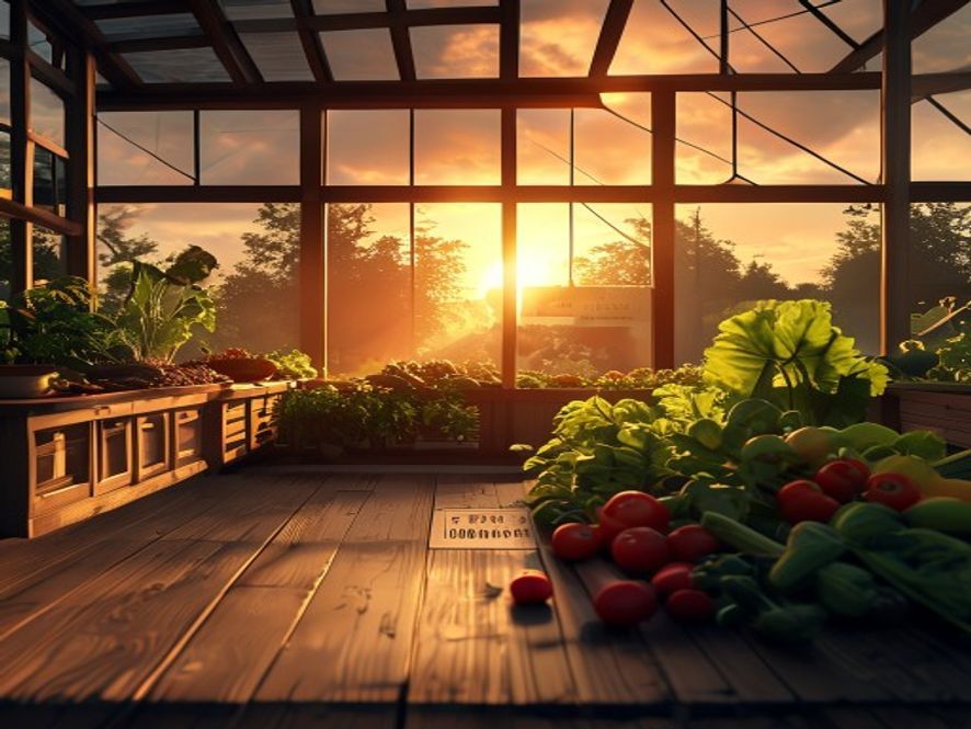 A cinematic, photorealistic 8k image showing a lonely, withered greenhouse under a dramatic sunset, with a closeup of a rising price tag casting a heavy shadow over fresh vegetables on a wooden kitchen table, symbolizing the impact of soaring energy costs on food inflation.