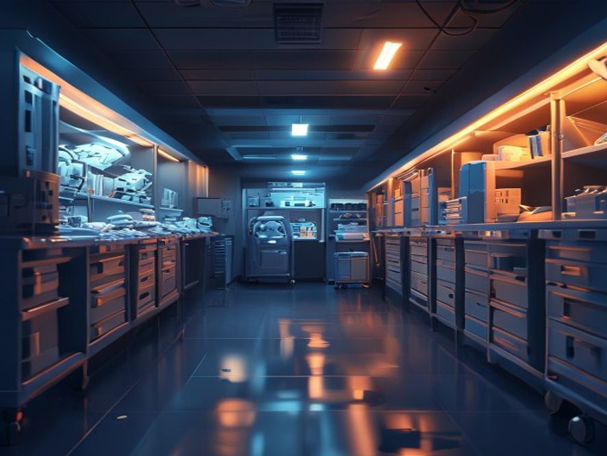 A cinematic, photorealistic 8k image showing a dimly lit, hightech hospital supply room with rows of medical equipment and containers, symbolizing supply chain tension with a dramatic atmosphere, cold blue and warm amber lighting contrast, sharp focus on scattered medical supplies, highly detailed.