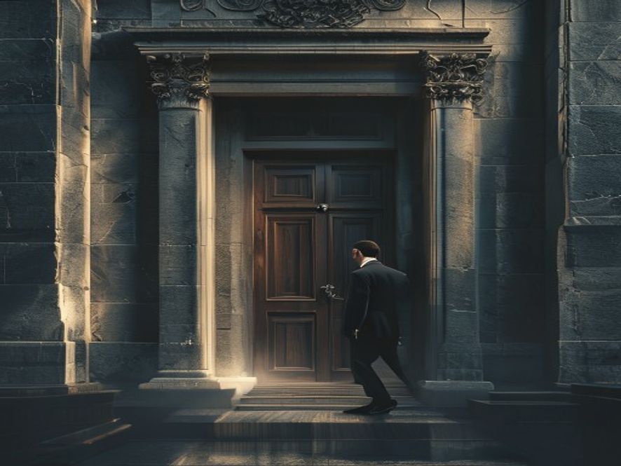 A cinematic, photorealistic 8k image of a solemn lawyer walking toward the imposing, cold stone entrance of a highsecurity prosecutors office, captured in a dramatic atmosphere with long shadows and dim lighting, symbolizing a tense legal investigation and the pursuit of truth.