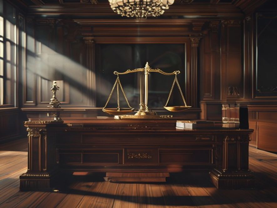 A cinematic, photorealistic 8k image of a formal, highstakes government office setting featuring a heavy wooden desk with a balanced scale of justice resting upon it, symbolizing the tension between power and responsibility, dramatic lighting emphasizing shadows and depth, professional atmosphere, highly detailed textures.