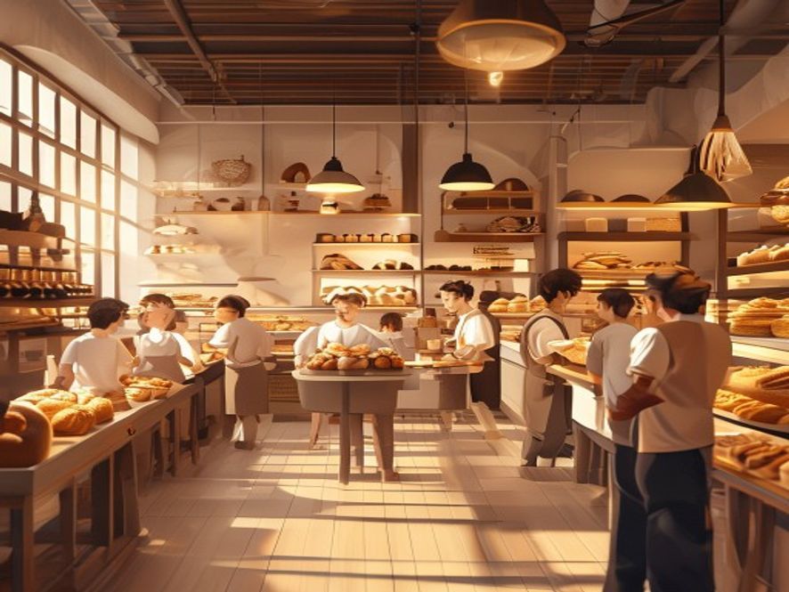 A cinematic and photorealistic 8k image of a warm, bustling artisan bakery interior where a traditional bread display harmoniously blends with modern, creative popup store elements, featuring a diverse group of enthusiastic university students collaborating with professional bakers to create innovative, trendy pastry concepts under soft, golden natural lighting.