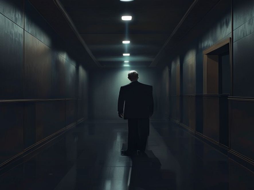 A cinematic and photorealistic 8k portrait of a solitary politician standing in the dark, solemn atmosphere of a modern parliament hallway, conveying a sense of political crisis and isolation, dramatic lighting with deep shadows, high detail.