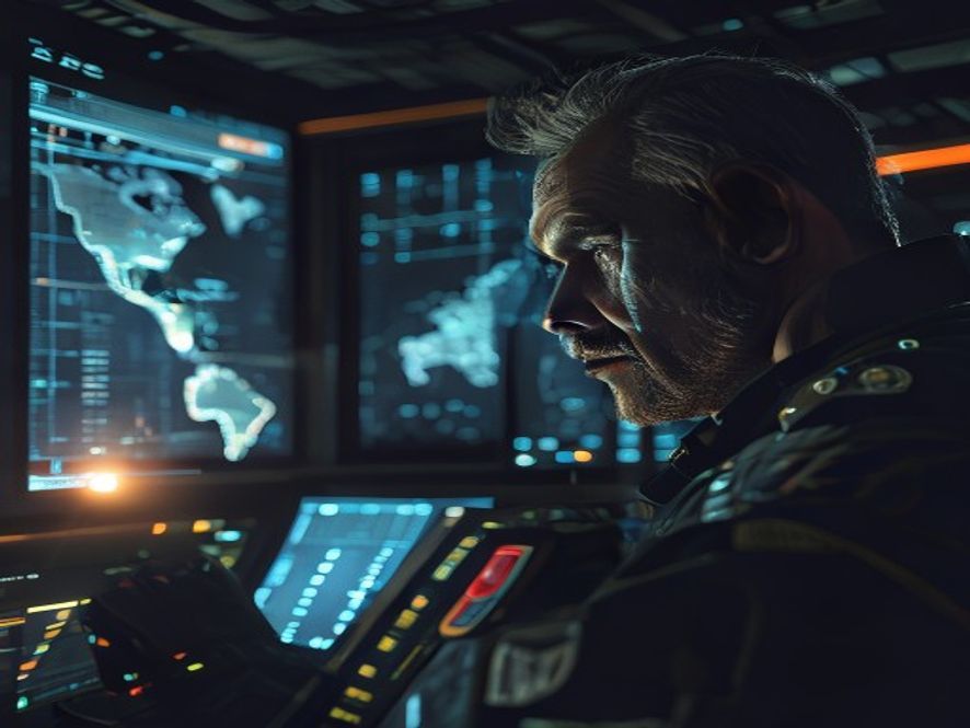 A cinematic and photorealistic 8k image of a highranking military commander staring intensely at a flickering distress signal on a glowing digital tactical map in a dimly lit, hightech command center, capturing the heavy tension and psychological dilemma between national security and the desperate rescue of a missing officer.