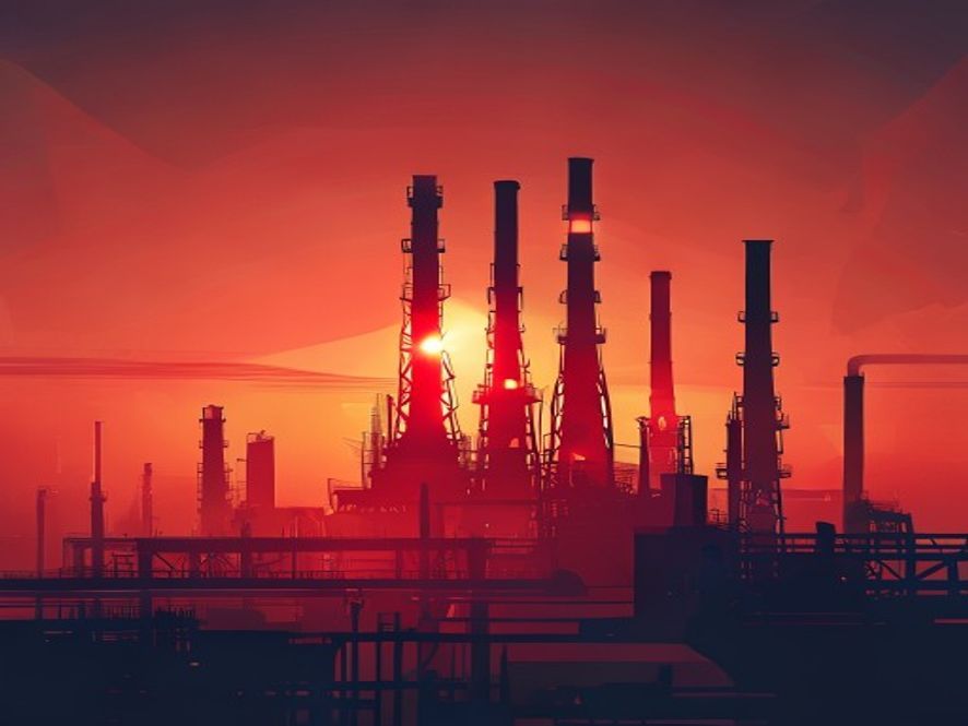 A cinematic and photorealistic 8k image featuring a glowing red warning light projected over an abstract silhouette of a global oil refinery and gas pipeline, capturing an atmosphere of economic tension, financial instability, and urgent national energy crisis.