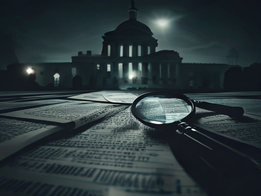 A cinematic, photorealistic 8k image featuring a dimly lit, hightension legal investigative atmosphere with a looming silhouette of a government building in the background and a magnifying glass focused on scattered, sensitive documents labeled with mysterious codes, conveying a sense of political corruption and critical judicial scrutiny.
