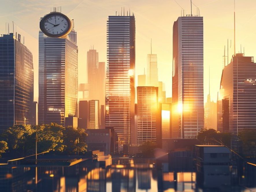 A cinematic, photorealistic 8k image of a modern urban landscape with towering skyscrapers and residential apartment buildings bathed in golden hour sunlight, focusing on a metaphorical concept of a ticking clock integrated into a digital real estate document, symbolizing the critical deadline for tax regulations and market clarity.