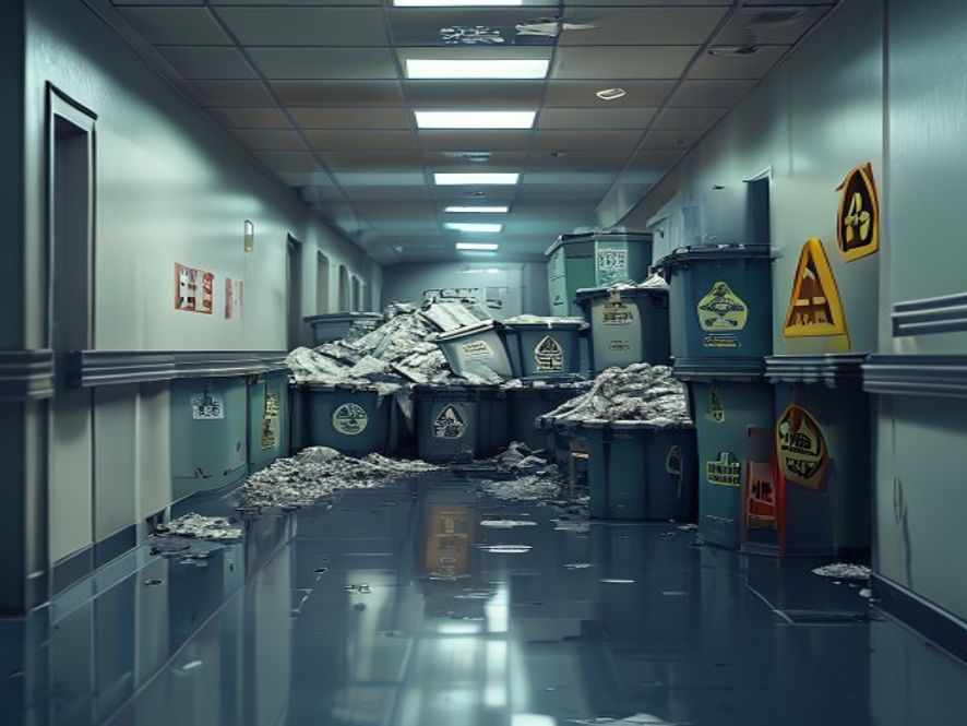 A cinematic and photorealistic 8k image showing overflowing biohazard waste containers piled up in a sterile hospital corridor, highlighting the tense atmosphere of a healthcare system crisis, dramatic lighting, sharp focus on the warning symbols, highquality professional photography.