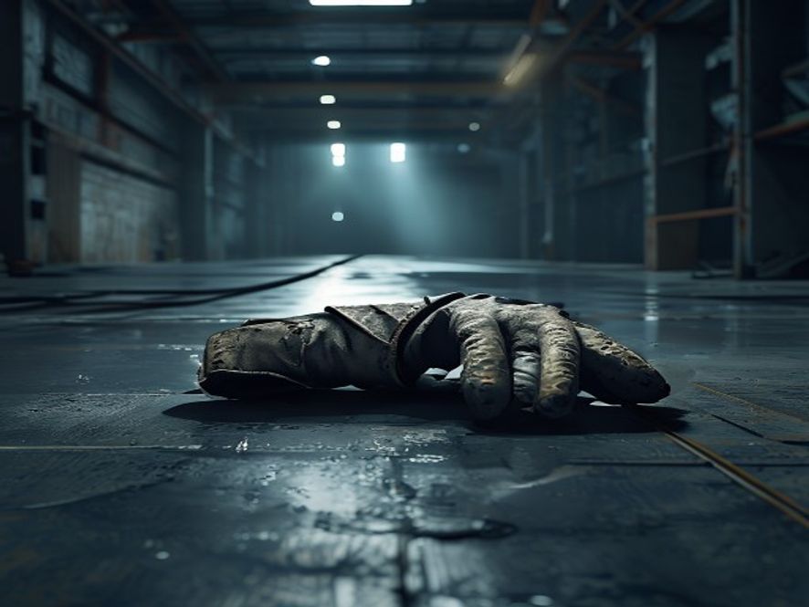 A cinematic and poignant photorealistic wide shot capturing a lonely, wornout industrial work glove abandoned on a cold, dark factory floor, bathed in a single harsh light ray to evoke themes of human rights violation, systemic injustice, and social negligence, high contrast, 8k resolution.