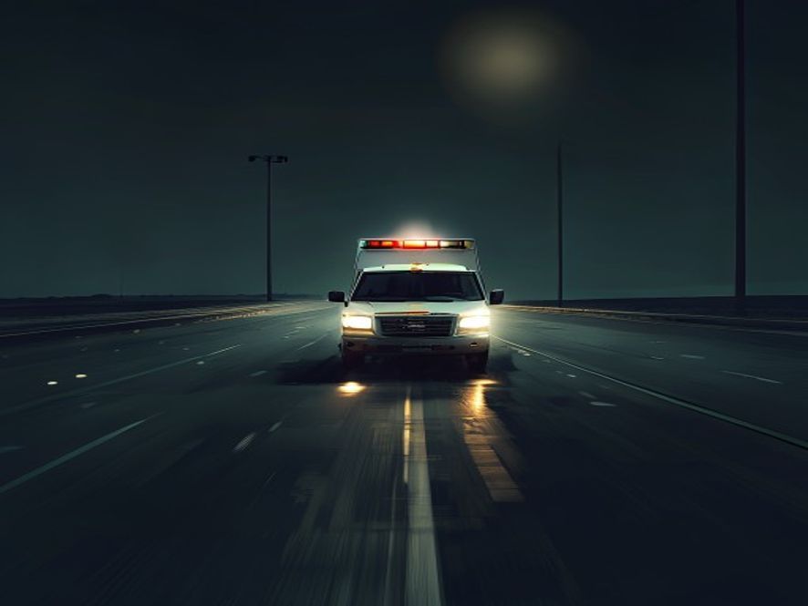 A somber, highcontrast cinematic shot of a lonely ambulance moving down a desolate highway at night under a dim streetlamp, symbolizing the fragile state of the medical safety net and the weight of lost golden time, photorealistic, 8k resolution, emotional and atmospheric lighting.