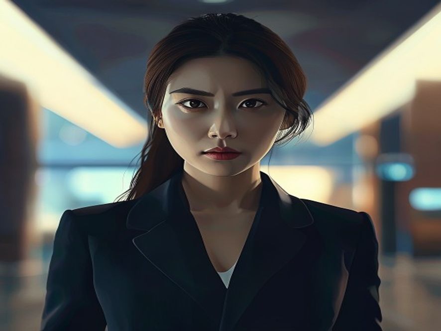 A cinematic and photorealistic portrait of Choo Miae standing confidently in front of a blurred, sophisticated modern political setting in Gyeonggido, capturing a tense and strategic atmosphere with sharp focus, dramatic lighting, and 8k highdefinition detail.