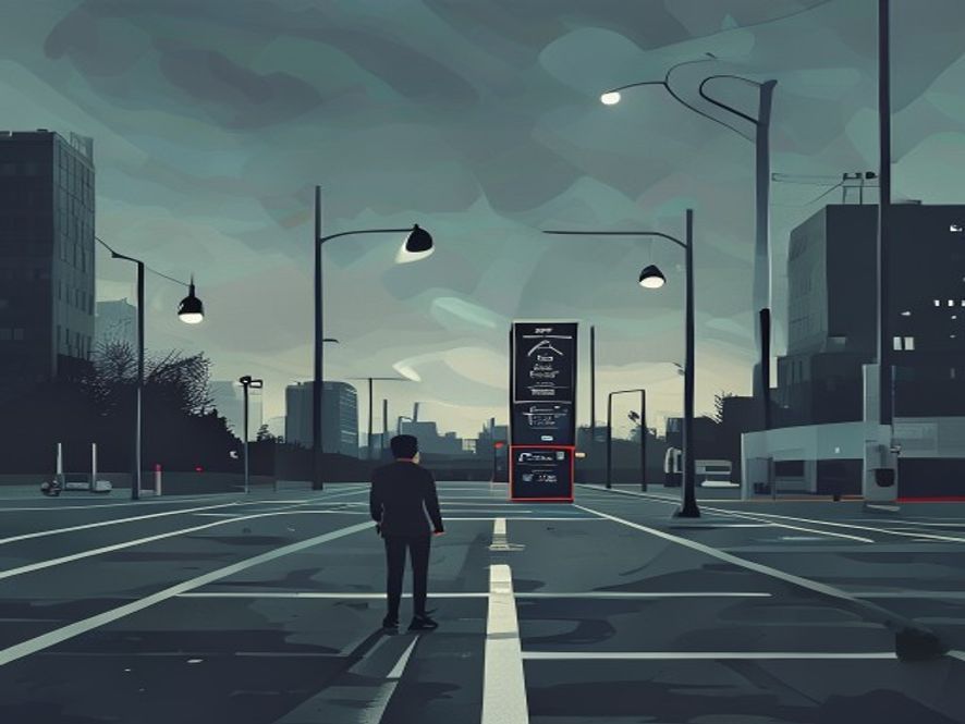 A cinematic, photorealistic 8k image of a modern city public parking lot entrance under a gloomy morning sky, featuring a confused driver looking at a new, complex traffic regulation signage, capturing the tense and uncertain atmosphere of urban policy changes.