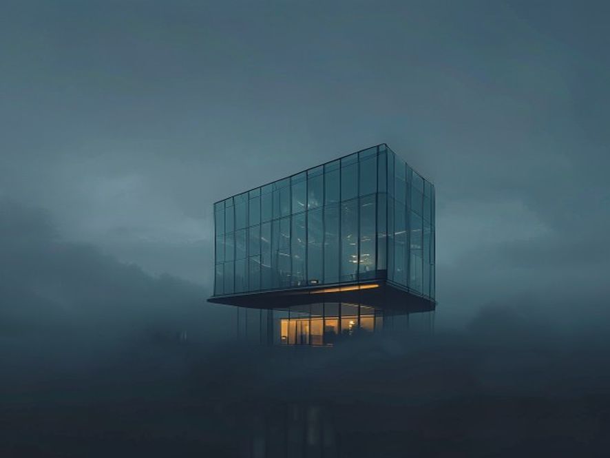 A cinematic 8k photorealistic shot of a solitary modern glass building standing alone amidst a dense, ominous fog under a cold twilight sky, symbolizing a media organization facing an uncertain future at a desperate financial crossroads.