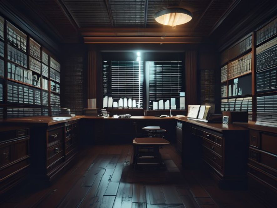 A cinematic and photorealistic 8k image of a dimly lit, highstakes investigation room featuring stacks of official legal documents and distorted digital bar graphs of public opinion polls, capturing a mood of stern judicial scrutiny and political tension.
