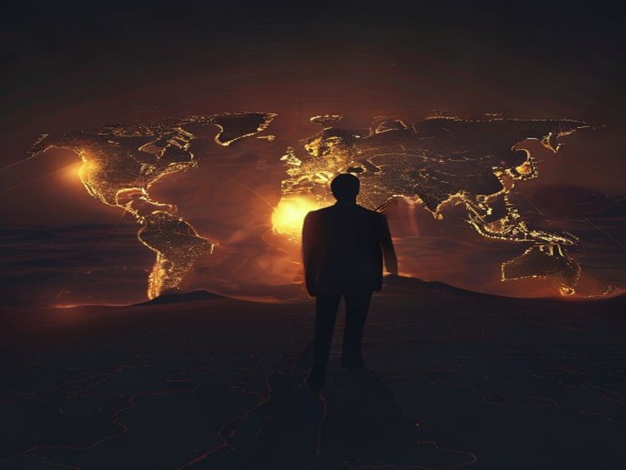 A cinematic, photorealistic 8k image featuring a tense silhouette of a leader standing before a dark, vast Middle Eastern desert map overlaid with glowing geopolitical tensions, reflecting a highstakes atmosphere of impending conflict and global economic uncertainty.