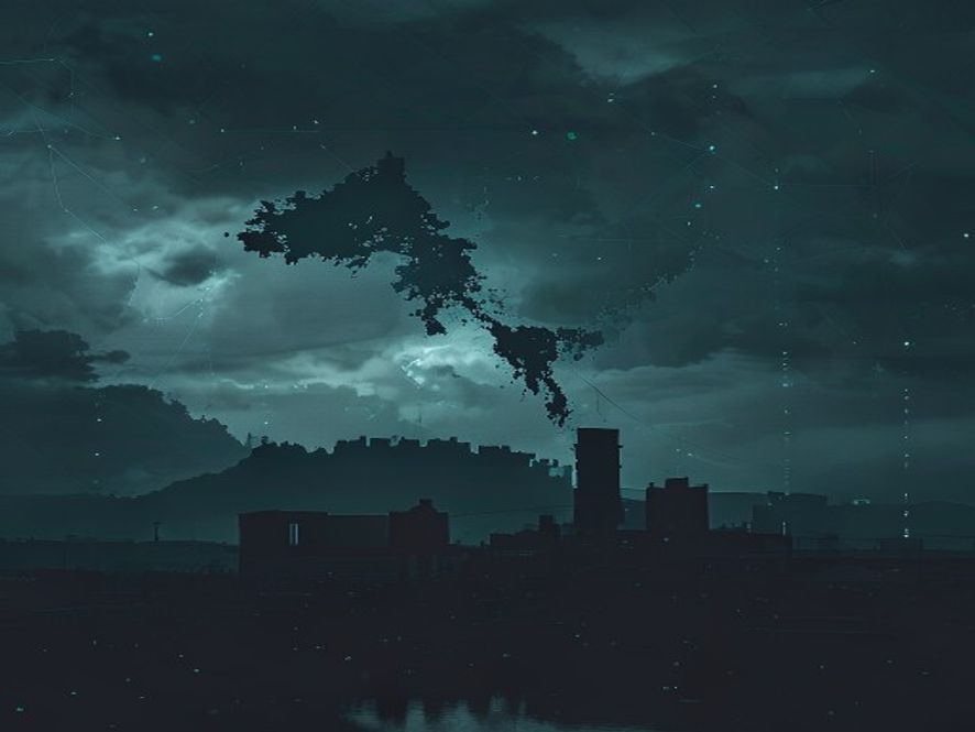 A cinematic, photorealistic 8k image featuring a silhouette of a cold, imposing DMZ landscape under a dark, stormy sky with a map of the Korean peninsula overlaying a subtle digital matrix of military tension, reflecting an atmosphere of highstakes geopolitical instability.