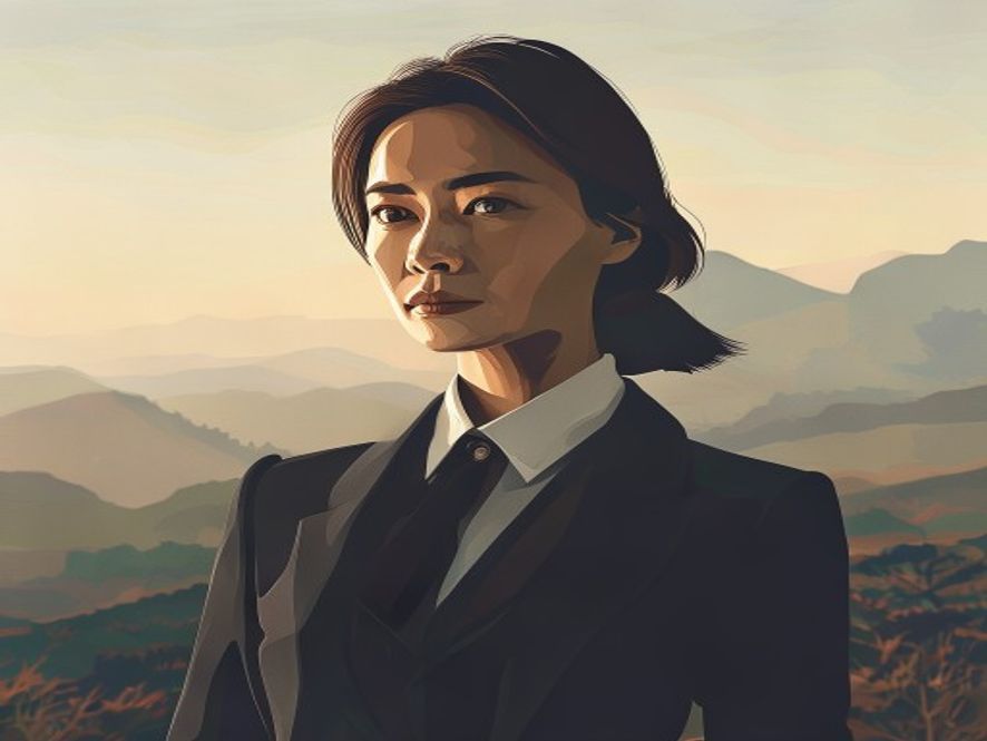 A cinematic, photorealistic 8k portrait of a determined female politician standing confidently against a backdrop of the Gyeonggi provincial landscape, symbolizing political strength and strategic focus, captured in a dramatic and intense atmosphere.
