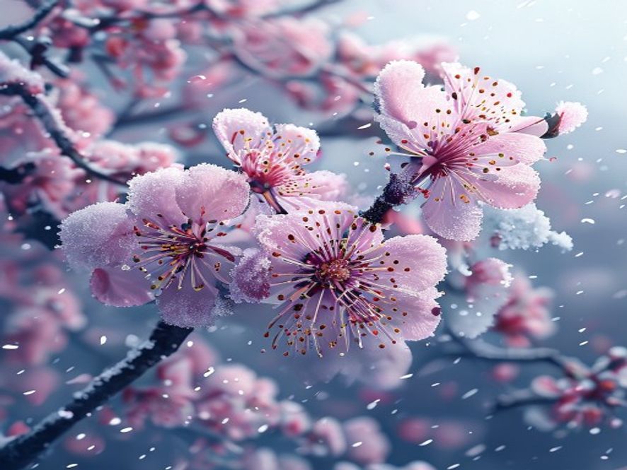 A cinematic, photorealistic 8k image of delicate spring cherry blossoms covered in a thick, unexpected layer of frost and snow, capturing the stark contrast between blooming nature and freezing climate change, moody atmosphere, professional photography.