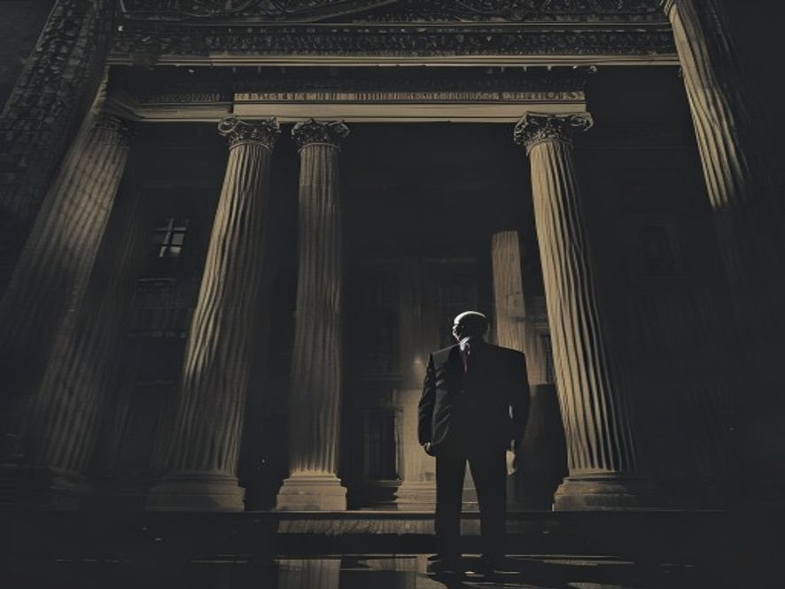 A cinematic, photorealistic 8k image showing a silhouette of a weary politician standing in the dark, grand shadow of a towering courthouse facade, symbolizing the weight of repetitive legal investigations and political tension, with dramatic chiaroscuro lighting and a somber atmosphere.