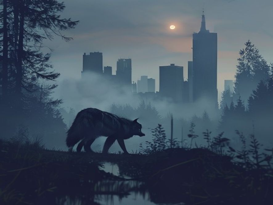 A cinematic and photorealistic 8k shot of a solitary, alert wolf prowling through a misty, dense forest edge adjacent to a modern urban skyline at twilight, capturing a tense and ominous atmosphere of a wild predator encroaching on human territory.