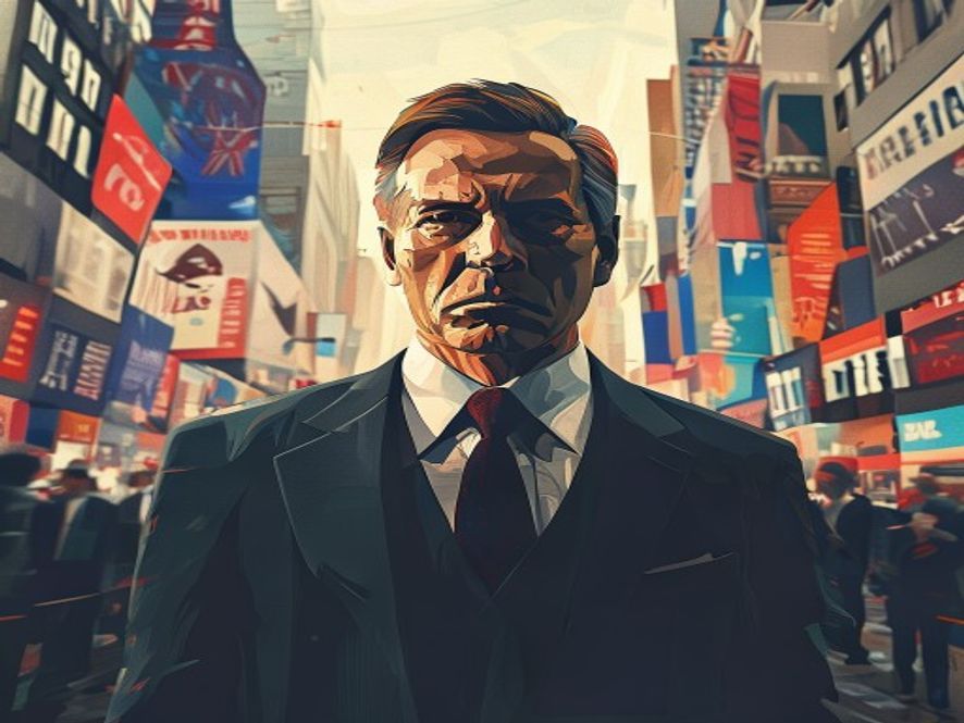 A cinematic and photorealistic 8k portrait of a determined politician standing in the center of a bustling urban district, surrounded by blurred political campaign banners and the intense atmosphere of a strategic electoral battle, capturing a sense of highstakes political tension.