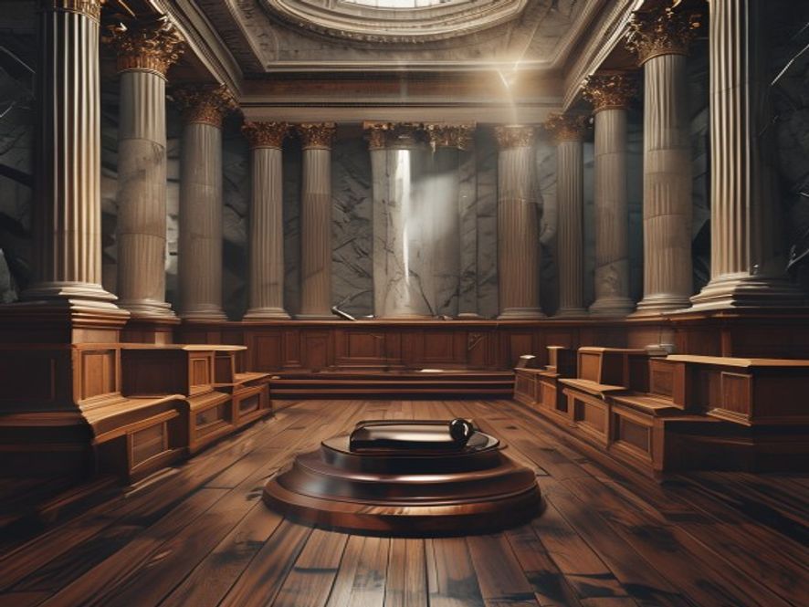 A cinematic and photorealistic 8k image featuring a grand, solemn courtroom interior with towering marble pillars and dramatic lowkey lighting, capturing the heavy atmosphere of a highstakes legal trial where a lone gavel rests on a wooden bench, symbolizing the weight of justice and legal accountability.