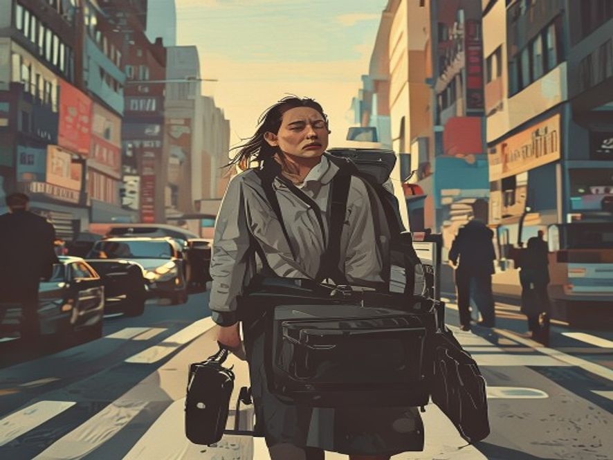 A cinematic, photorealistic 8k image of an exhausted afterschool teacher struggling to carry heavy art and cooking equipment while standing on a crowded city street during a busy morning, capturing the tension between strict traffic policies and the daily struggle for livelihood, dramatic lighting, highly detailed.