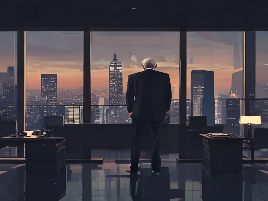 A cinematic, photorealistic 8k image featuring a contemplative highranking politician standing in a dim, modern political office with a view of a sprawling city skyline, capturing a tense and uncertain atmosphere of power struggle and political transition.