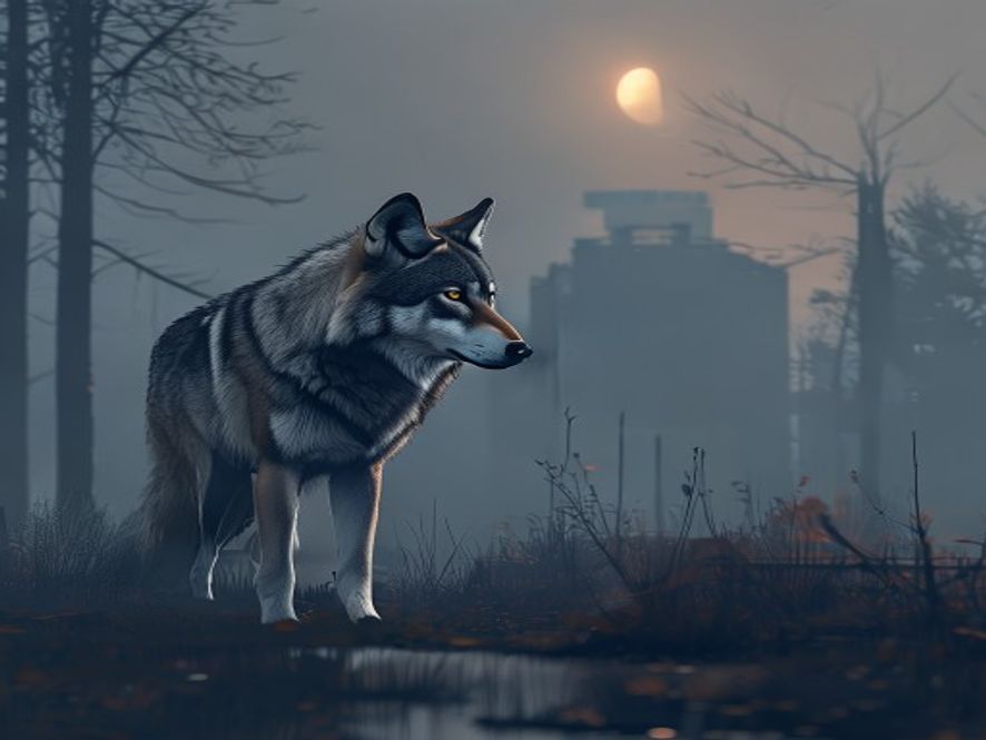 A cinematic, photorealistic 8k image of a lone gray wolf standing cautiously in a misty, modern urban park at twilight, highlighting the tension between wildlife preservation and public safety, captured with dramatic lighting and highdetail textures.