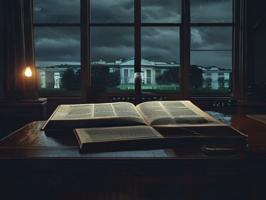 A cinematic, photorealistic 8k image of a weathered copy of the United States Constitution resting on a heavy mahogany desk in a dimly lit, hightension political office, with a subtle, blurred silhouette of the White House visible through a large window under a stormy, dramatic twilight sky, capturing an atmosphere of national crisis and constitutional instability.