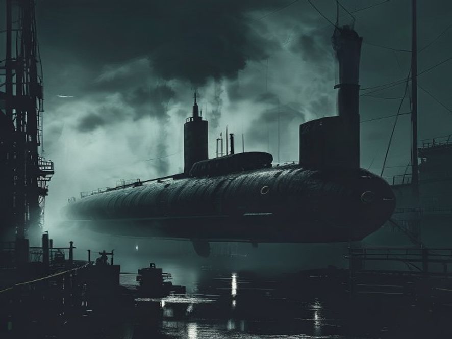 A cinematic, photorealistic 8k image of a massive, dark submarine silhouette inside a gloomy shipyard, with faint wisps of smoke rising under harsh industrial lighting, conveying a somber and tense atmosphere of a critical safety incident.