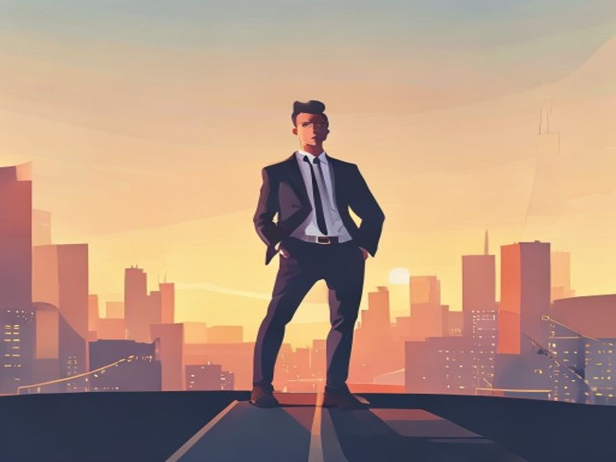 A cinematic and photorealistic 8k image of a confident young professional standing at a conceptual crossroads, representing a strategic career transition with a bright, hopeful horizon, symbolic of flexible labor and personal growth in a modern urban landscape.