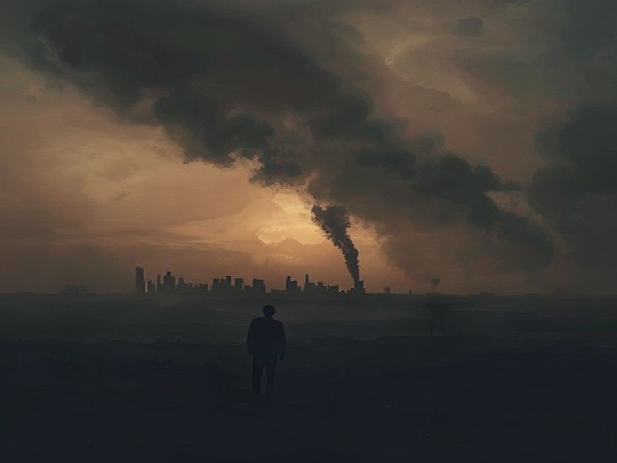 Cinematic, photorealistic 8k image of a tense Middle Eastern landscape under a hazy, smokefilled sky at dusk, capturing the gravity of an imminent geopolitical conflict with a distant silhouette of a city under threat, dark and moody atmosphere, highly detailed.