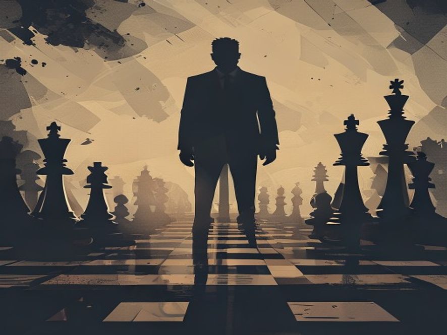 A cinematic, photorealistic 8k image of a highstakes political landscape, featuring a silhouette of a powerful figure standing against a backdrop of complex, shadowy chess pieces representing strategic power moves, with a somber and tense atmosphere highlighting the weight of political influence.
