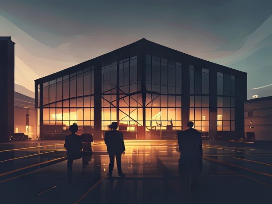 A cinematic and photorealistic 8k image showing a silhouette of a modern logistics warehouse building juxtaposed with a symbolic representation of labor unions and corporate legal documents, capturing a tense and professional atmosphere of industrial negotiation, high contrast, dramatic lighting.