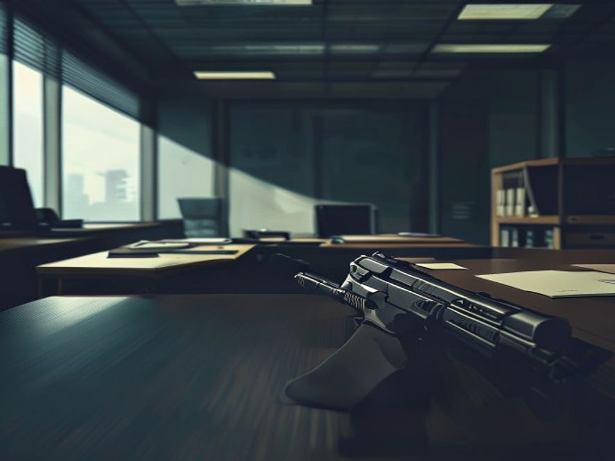 A cinematic and photorealistic 8k image featuring a dark, tense office environment with long, ominous shadows and a blurred air gun lying on a desk, capturing a heavy and somber atmosphere of workplace power abuse and human rights violation.