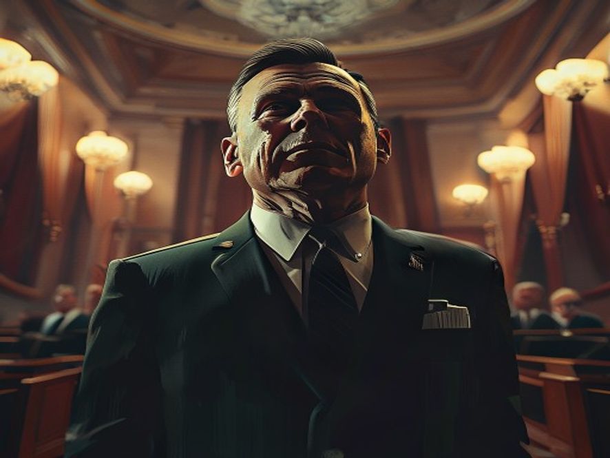 A cinematic, photorealistic 8k portrait of a highlevel NATO official standing in a grand, dimly lit international diplomatic summit hall, captured in a moment of awkward yet humanizing laughter that bridges the tension between global power dynamics, professional suits, sophisticated soft lighting, and an atmosphere of shifting geopolitical relations.